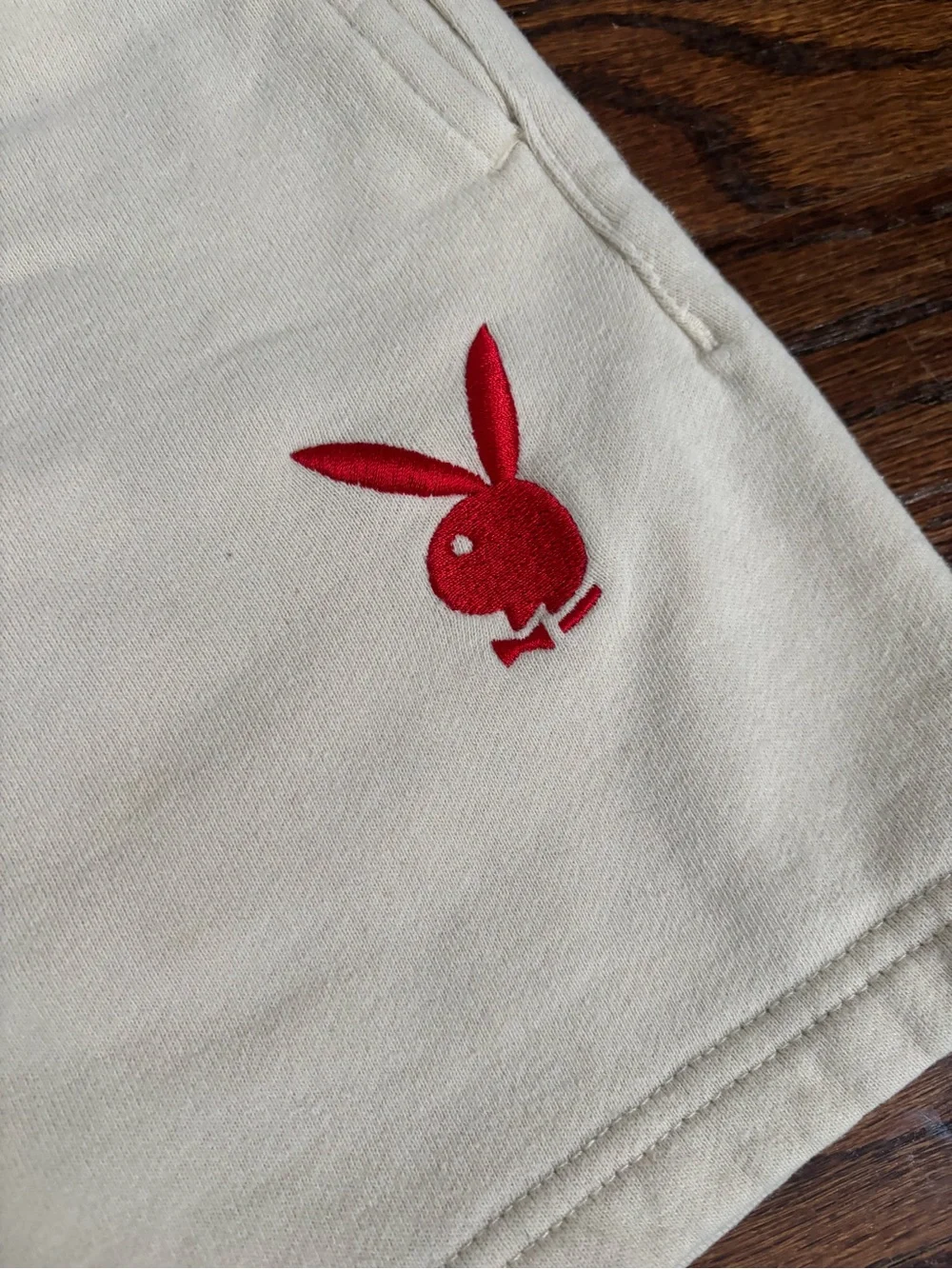 Playboy Men’s Cream Lounge Shorts with Red Bunny and Silhouette Size Small